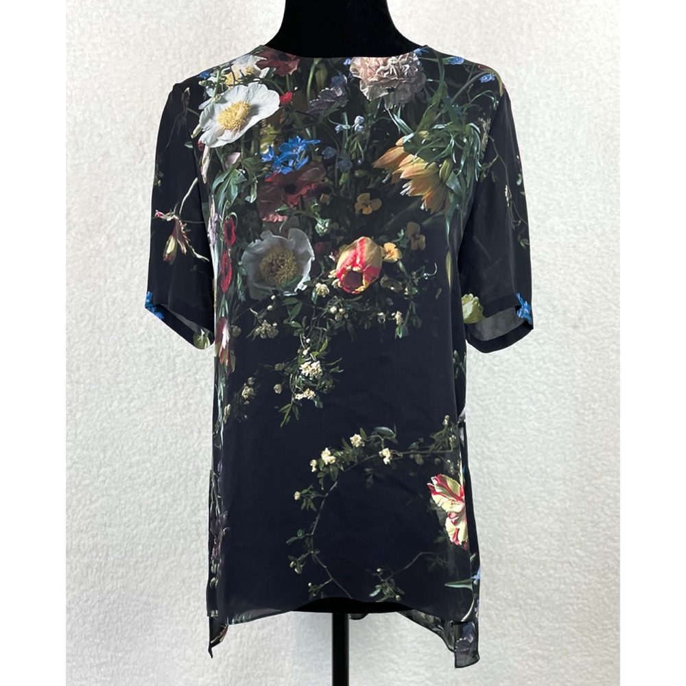 ADAM LIPPES • Black/Multi Floral Print Silk T-Shirt Blouse, 0 - Picture 13 of 13